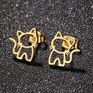 Cute Cat Kitty‎ Kitten Outline Gold Stud Earrings Jewelry Gift for Her Stainless